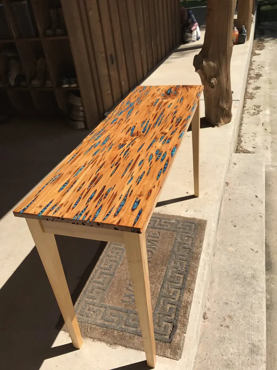 Pecky Cypress Epoxy Pebble Foyer Table